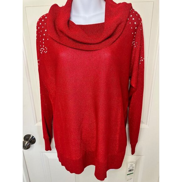 Ruby Rd. Petite Large New Red Cowl Neck Sweater Rhinestone Accents Long Sleeve - Picture 4 of 9